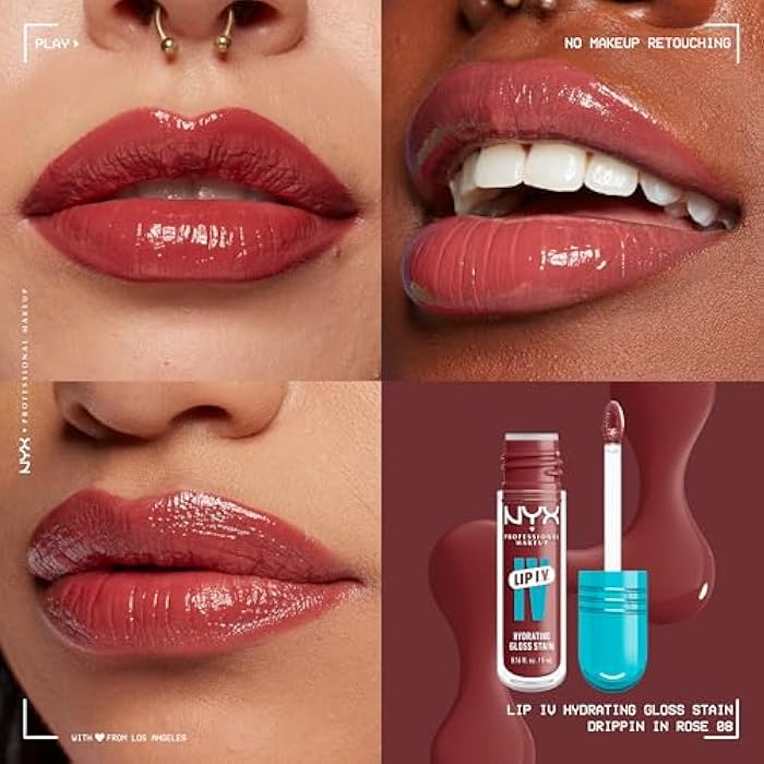 NYX Professional Makeup Lip IV Hydrating Gloss Stain, Lip Gloss, Up to 12HR Hydration, High Pigment, Wet Shine Finish, Drippin' In Rose - Image 2